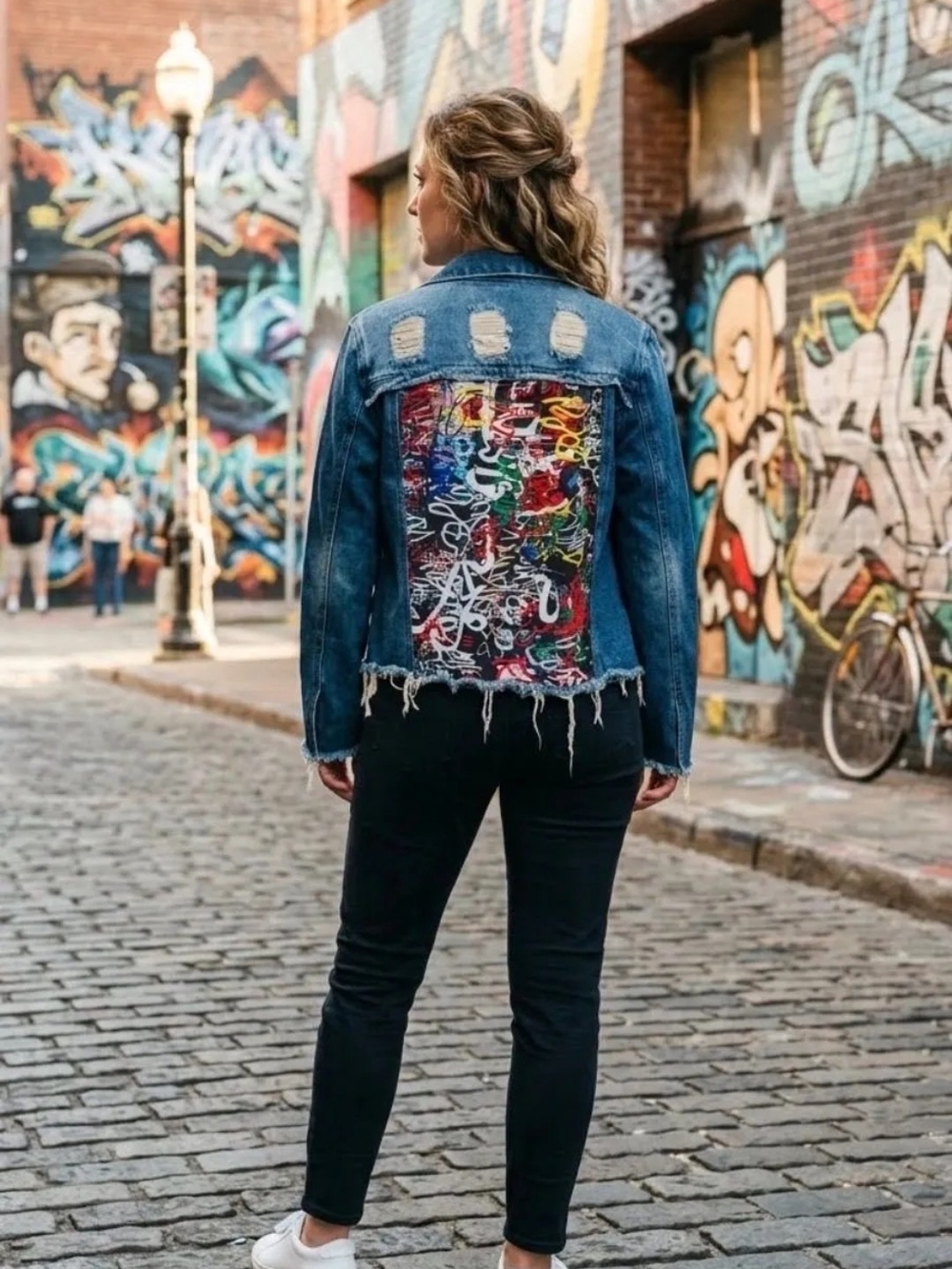 Live 4 Truth Womens Upcycled Denim Jacket with Colorful Graffiti Panel